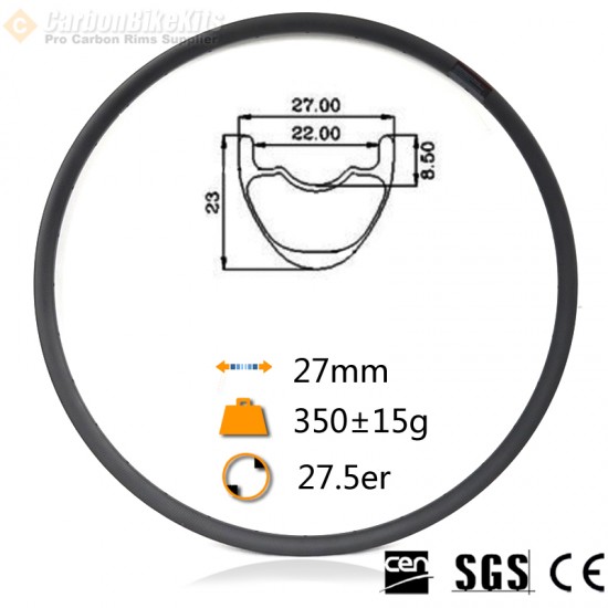 27.5er カーボン 27x23mm 内幅22mm チューブレス フックレス 非対称 MTBリム 28穴